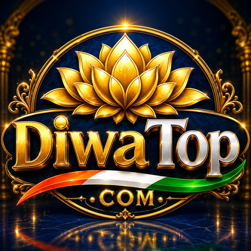 Golden lotus flower logo with the text "DiwaTop.com" in elegant gold and silver lettering on a dark blue background, featuring an Indian tricolor-inspired ribbon.